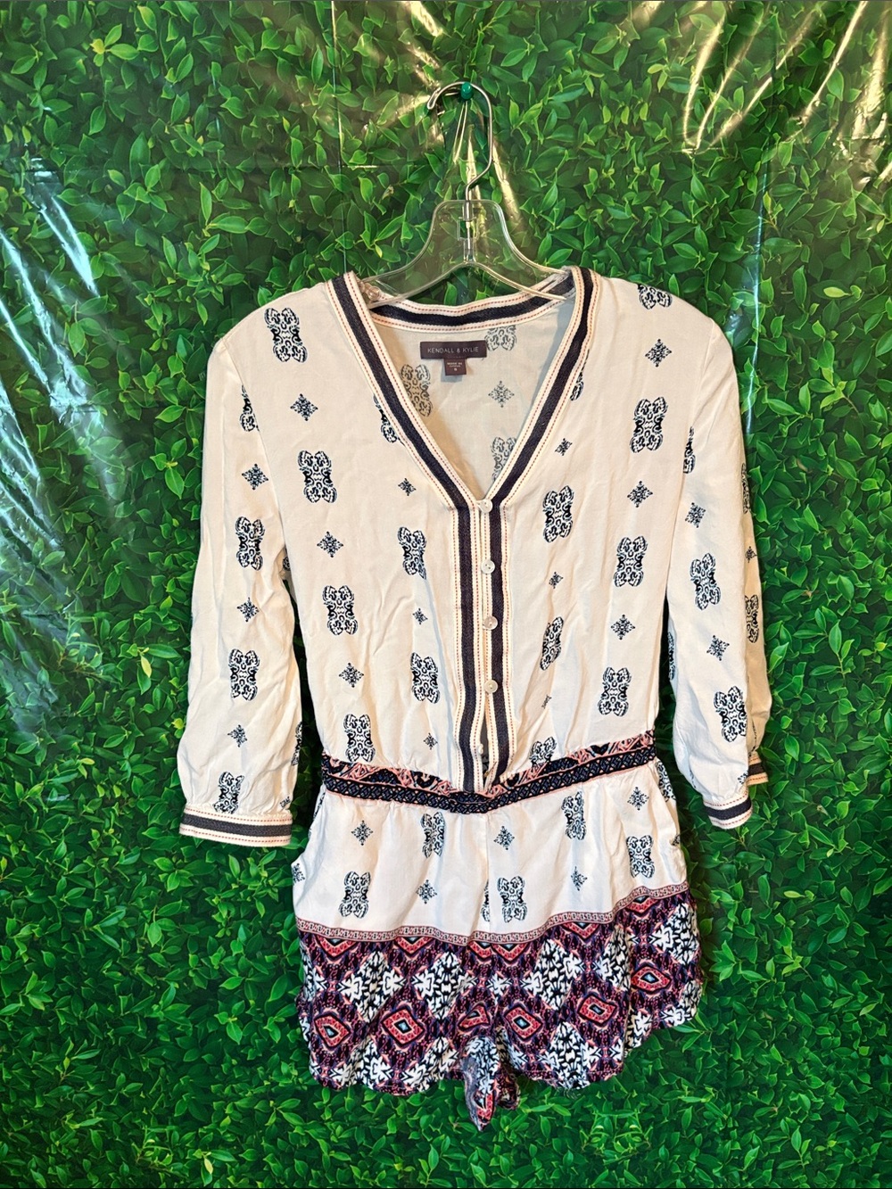 Kendall & Kylie Cream Tunic Romper with Navy and Burgundy Trim